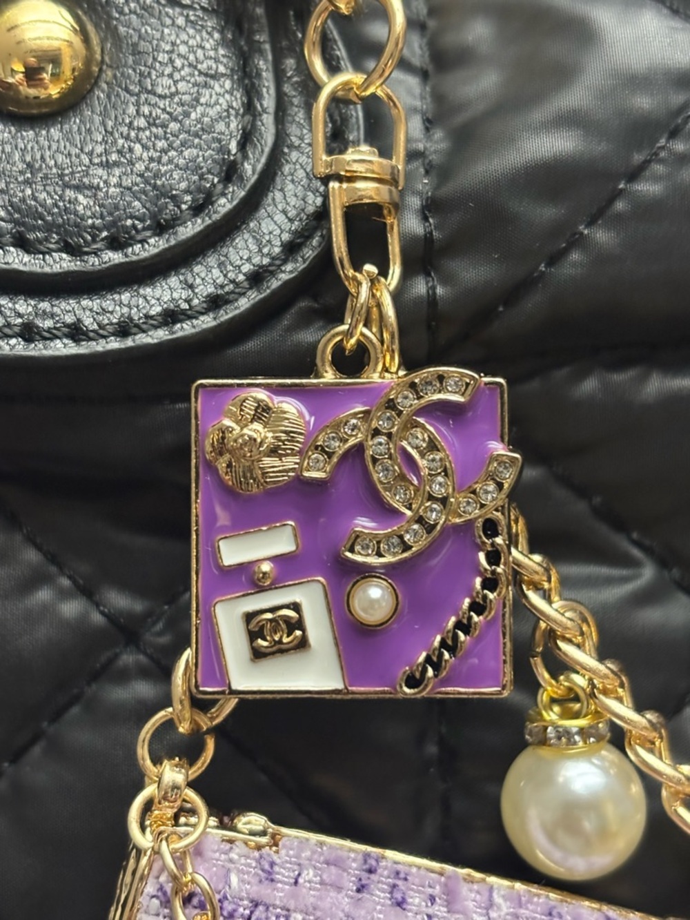 CC Chanel Bag Charm, Upcycled Chanel Purple Enamel Zipper Pull 5.25 inches - Picture 6 of 7